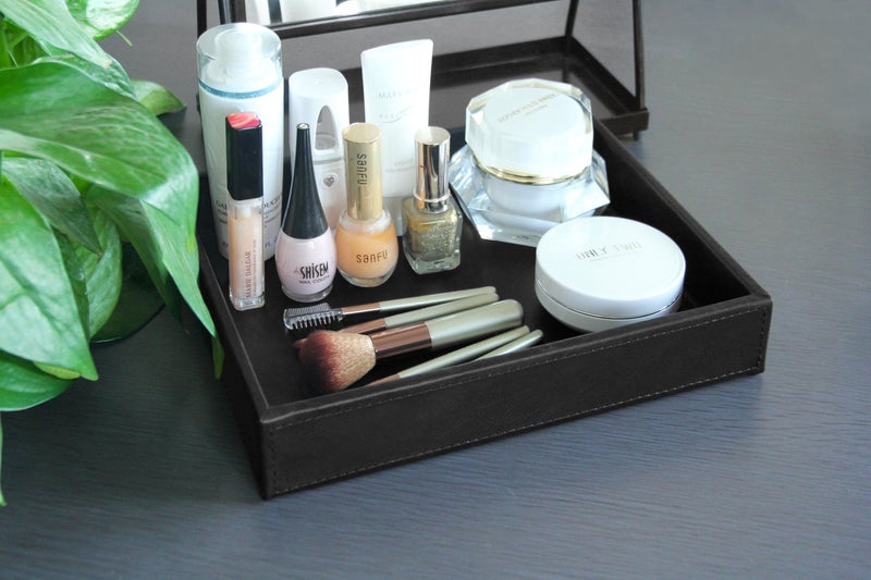HofferRuffer Faux Leather Vanity Tray, Elegant Desktop Storage Organizer, Decorative Catchall for Perfume, Bathroom Valet, Nightstand or Dresser, Black, 10.2 x 8.4 x 1.8 Inches - Image 5